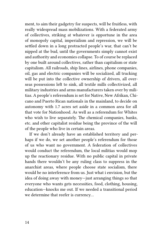 ment, to aim their gadgetry for suspects, will be fruitless, with really widespread mass mobilizations. With a federated army of collectives, striking at whatever is opportune in the area of monopoly capital, imperialism and repression, we will be settled down in a long protracted people’s war, that can’t be nipped at the bud, until the governments simply cannot exist and authority and economies collapse. To of course be replaced by one built around collectives, rather than capitalism or state capitalism. All railroads, ship lines, airlines, phone companies, oil, gas and electric companies will be socialized, all trucking will be put into the collective ownership of drivers, all over- seas possessions left to sink, all textile mills collectivized, all military industries and arms manufacturers taken over by mili- tias. A people’s referendun is set for Native, New Afrikan, Chi- cano and Puerto Rican nationals in the mainland, to decide on autonomy with 17 acres set aside in a common area for all that vote for Nationhood. As well as a referendum for Whites who wish to live separately. The chemical companies, banks, ete. and other capitalist residue being the province of the will of the people who live in certain areas.  If we don’t already have an established territory and per- haps if we do, we set another people’s referendum for those of us who want no government. A federation of collectives would conduct the referendum, the local militias would mop up the reactionary residue. With no public capital in private hands there wouldn’t be any ruling class to suppress in the anarchist areas, where people choose state socialism, there would be no interference from us. Just what i envision, but the idea of doing away with money—just arranging things so that everyone who wants gets necessities, food, clothing, housing, education—knocks me out. If we needed a transitional period we determine that reefer is currency.  1 